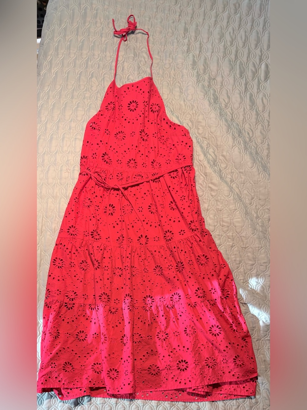 Women’s “red” (but maybe coral) eyelet halter dress. NWT